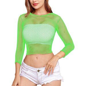 🆕 Women Green Fishnet Long Sleeve Crop Top Mini Lingerie Mesh Babydolls Chemise